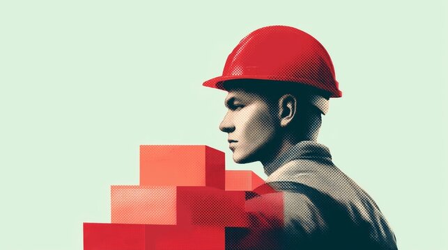 Skilled Construction Worker in Red Helmet Carefully Laying Bricks with Precision, as Industrial Craftsmanship Showcase, for Modern Urban Development Symbol, with Professional Builder Portrait