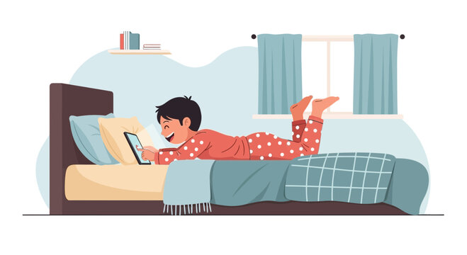 Cartoon illustration of a boy lying on a bed using a tablet in a cozy setting showing modern childhood and technology - Powered by Adobe