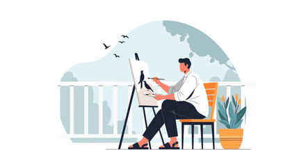 Obraz premium Artist On Balcony Painting Birds Inspired Artwork For Creative Passion
