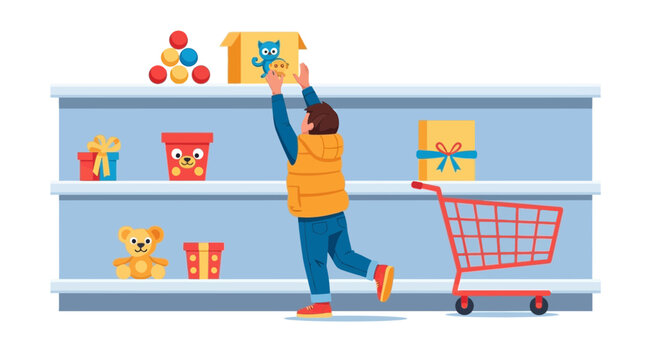 Cartoon illustration of a man taking a toy from a shelf in a toy store for children