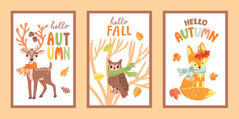 Autumn card set with cartoon deer, owl and fox. Cute characters in patterned scarves, leaves, acorns, berries, tree, lettering. Yellow, orange, brown,green colors on a white. Vector illustration.