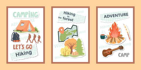 Hiking Wild Adventure posters set. Tent, backpack, silhouettes of walking people, forest, map, campfire, guitar, marshmallow. Cartoon objects with paper cut shapes. Vector collage elements in flat