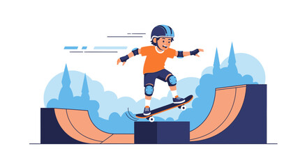 Cartoon illustration of a young boy skateboarding in a skatepark with ramps and city skyline