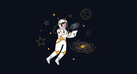 Fototapeta premium Astronaut Girl Using Tablet Device, Space Exploration and Digital Technology