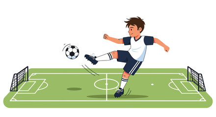 Fototapeta premium Cartoon Illustration of a Young Soccer Player Kicking a Ball on the Field Actively Playing