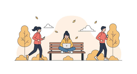 Naklejka premium Cartoon illustration of people enjoying outdoor activities in a park setting