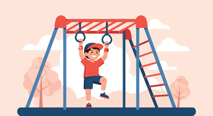 Boy Playing On The Rings In The Playground Doing Physical Activity