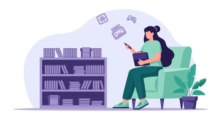 Cartoon woman in armchair with briefcase symbolizing work-life balance in the digital age