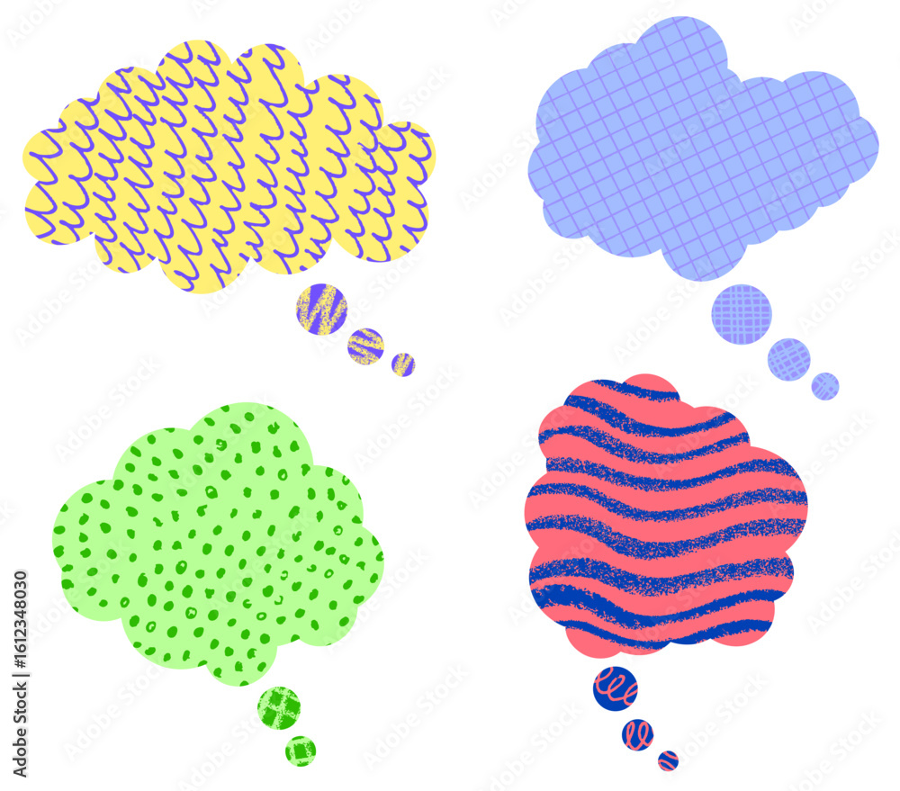 Poster set of four bright thought cloud icons with creative patterns and textures on white. vector illustra