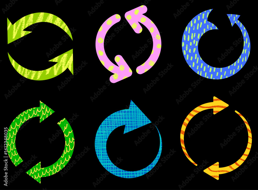 Poster bright circular arrows with textured patterns on a black background. vector illustration ideal for r