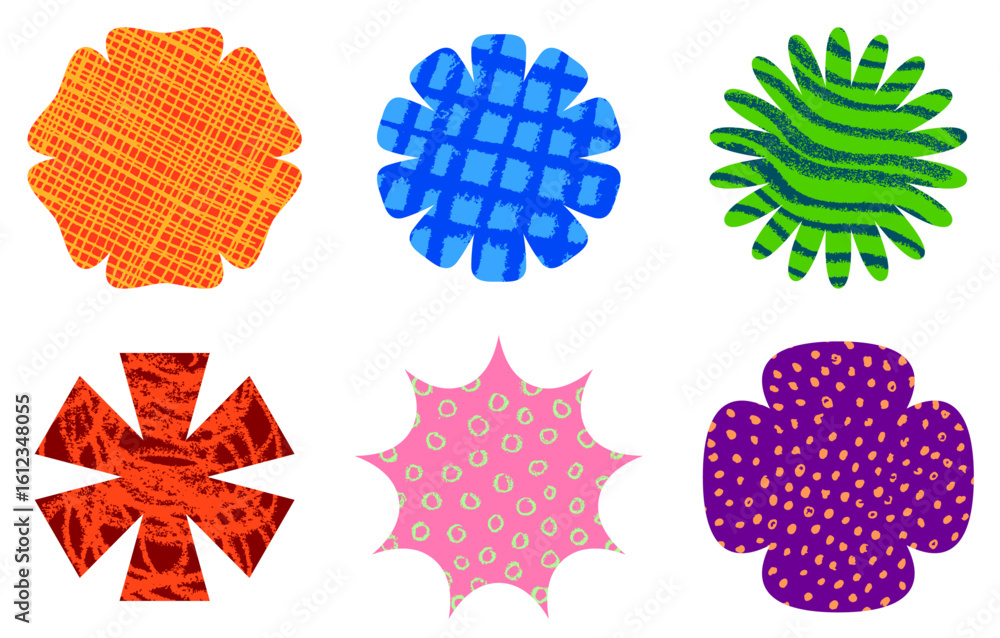 Poster six bold and colorful abstract flower shapes with playful textures and patterns. vector illustration