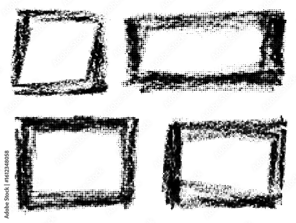 Poster distorted halftone rectangle frames with grunge texture. unique angled ink effect. vector illustrati