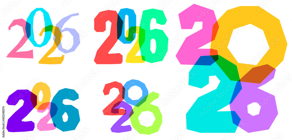 Poster colorful overlapping 2026 digits in geometric, faceted style on a white background.