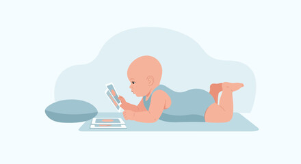 Obraz premium Baby Lying On Tummy Examining Flash Cards For Sensory Development Training