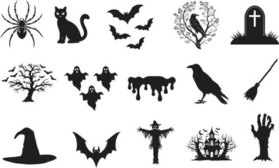 set of halloween element silhouette collection. Black and white vector editable file. Bat, black cat, Black Witch Hat, Broomstick, crow on brunch of tree, fierce bat, ghost figures, vector, grave, hau