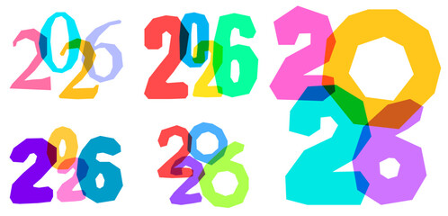 Colorful overlapping 2026 digits in geometric, faceted style on a white background.