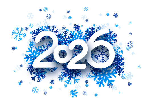 White 2026 numbers surrounded by layered blue snowflakes. Icy and festive seasonal theme. Vector illustration.