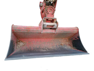 Close-up view highlights the bucket of a small universal tractor bulldozer, emphasizing its design...