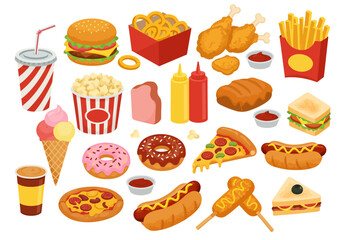 Indulge in a vibrant collection of classic fast food favorites including burgers, fries, pizza, and sweet treats, perfect for any celebratory occasion or casual dining concept.