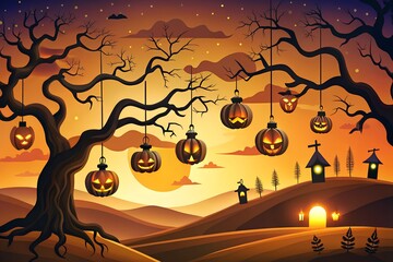 A pixelated halloween landscape depicts a spooky night with glowing jackolanterns hanging from trees under a large moon, with bats flying in the orange sky