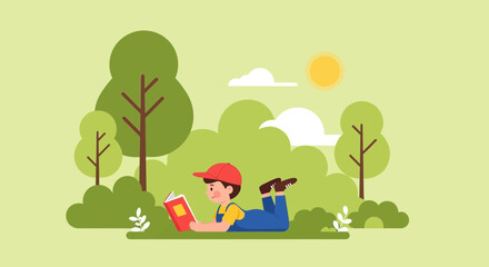 Obraz premium Boy Reading Book Outdoors On Green Grass In Summer Season Sunshine