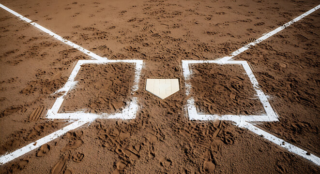 Baseball Home Plate and Batter's Box On A Dirt Field Ready For The Game