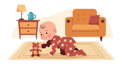 Charming vector illustration of a baby crawling towards a teddy bear in a cozy living room scene