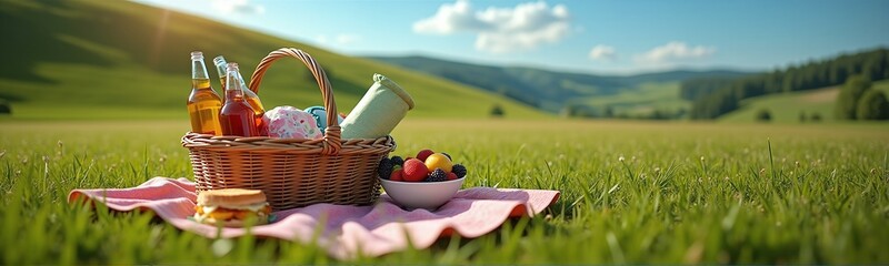 Picnic basket with food and water on a sunny green field