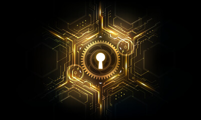 Golden glow keyhole abstract futuristic technology background with light and shiny, key of success solution, business concept, vector illustration	