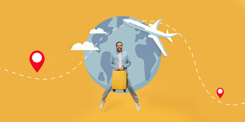 A traveler holds a bright yellow suitcase while standing on a globe, symbolizing adventure and...