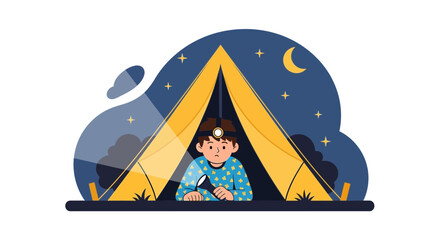 Obraz premium Boy With Flashlight Sits Inside Tent Outdoor At Night Camping Trip