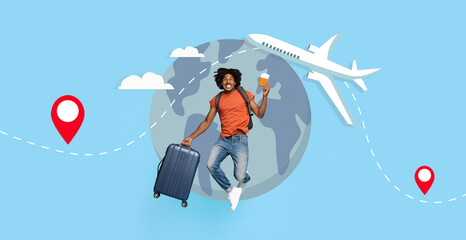Person joyfully holds a drink and suitcase while jumping in front of a globe, symbolizing the...