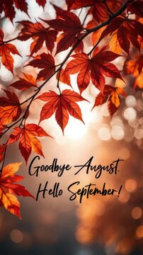 Goodbye August hello September, autumn transition, fall foliage greeting, seasonal change, maple leaves background, cozy nature moment, end of summer