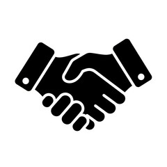 A black icon of two hands shaking, isolated on a white background