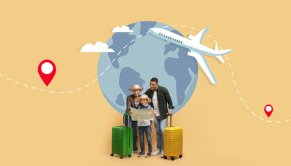 A family stands together with colorful luggage, excited to begin their vacation. They are holding a...