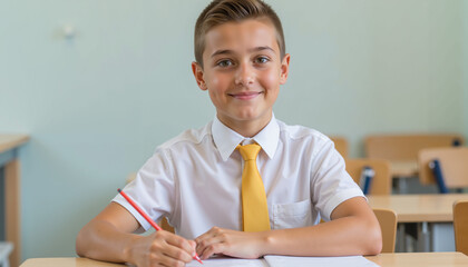 Happy young boy studying in classroom with pen and notebook