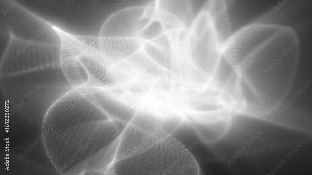Aufkleber white glowing digital mesh curves through a grayscale background, forming luminous flowing shapes in