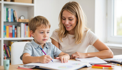 Fototapeta premium Mother helping young boy with drawing at home table 