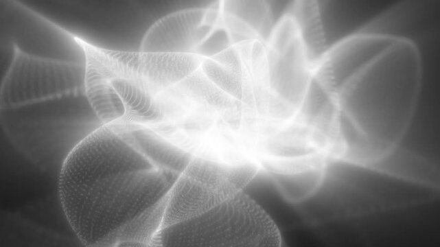 White glowing digital mesh curves through a grayscale background, forming luminous flowing shapes in a minimal abstract style