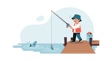 A cheerful boy catches a fish while fishing on a wooden pier on a sunny day, creating a delightful outdoor scene