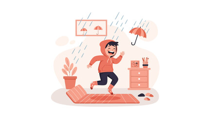 A cheerful child's indoor rainy day illustration showcasing joy and imagination with elements of home and weather effects