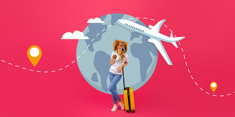 A cheerful traveler stands with a yellow suitcase near a globe, preparing for an exciting summer...