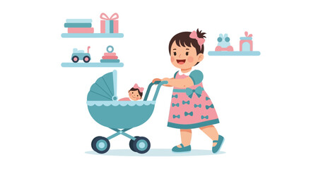 Fototapeta premium A heartwarming illustration of a girl lovingly pushing a doll in a stroller in her room