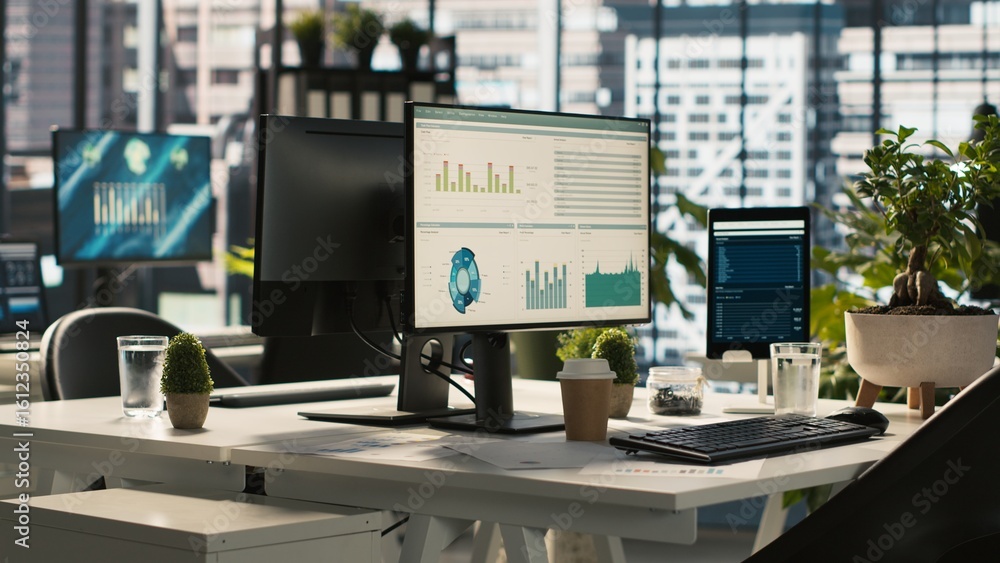 Poster modern office workspace desk with computer monitors displaying graphs, charts and data analytics, su