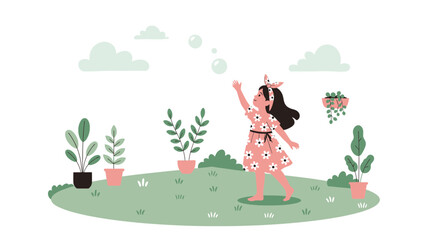 Fototapeta premium A Young Girl Playing with Bubbles in a Garden Full of Potted Plants