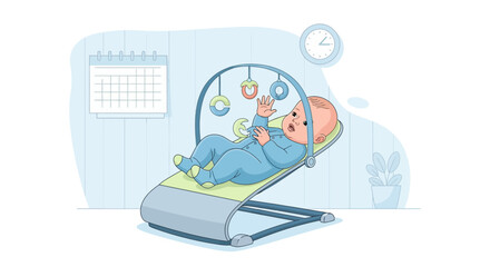 Adorable baby in a bouncer with toys, calendar and clock on the wall illustration
