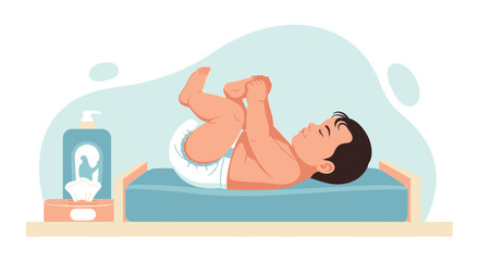 Obraz premium Adorable baby lying on changing table with diaper and supplies illustration