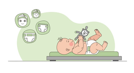Adorable Newborn Playing With Stuffed Toy On Changing Table Vector Illustration