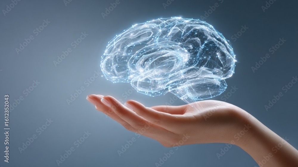 Poster futuristic 3d brain floating above hand with soft gradient background showcasing innovative technolo