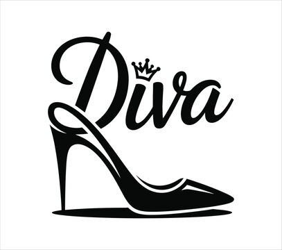 Diva wordmark logo with a high heel shoe and crown. Elegant vector graphic for fashion, boutique, or beauty branding.